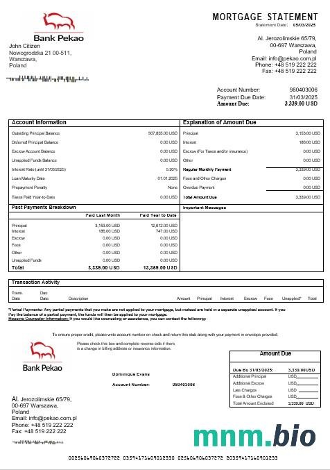 Polska Bank Pekao S.A wyciąg z kredytu hipotecznego w formatach Word i PDF